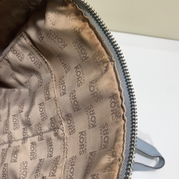 Michael Kors Bedford Satchel Handbag Blue Leather Trim MK Logo Canvas - Picture 7 of 10